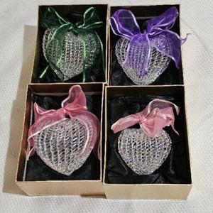 Set of 4 Handblown Spun Glass Heart Ornament w Ribbon Bows 3" Holiday elegance